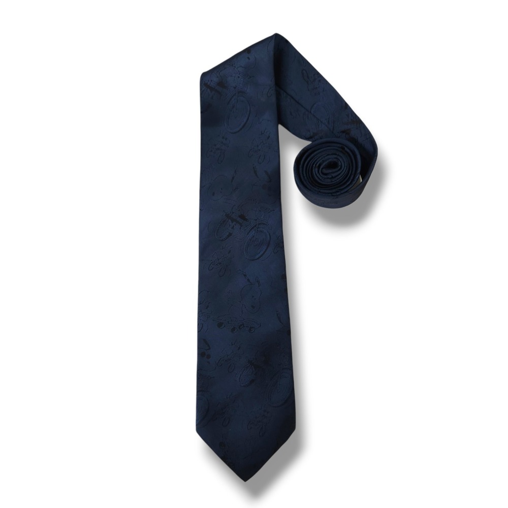 Vintage Snoopy Necktie Peanuts Tone On Tone Jacquard Navy Black Made USA OS